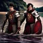 Placeholder: The prince of the high tide and the prince of the low tide in the river wearing medieval battle clothes, the image is divided into half a river at high tide and half a river at low tide