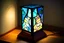 Placeholder: bioluminescent stained glass tyffany lamp on a wooden nightstand