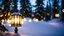 Placeholder: ,fir forrest scenery,night,snow,close up shot of a lantern,bokeh,fir tree,night