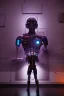 Placeholder: a cyborg watching a mural in a museum art gallery, purple shining lights, octane render, detailed