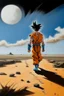 Placeholder: oil painting of goku from dragonball z walking with minimalist far perspective.