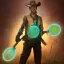 Placeholder: Insanely detailed photograph of an “ a midevil cowboy warrior "with worn Sombrero, handsome charo,cigar,glowing bluish green orb in outstretched hand, hyperdetailed painting by Ismail Inceoglu Huang Guangjian and Dan Witz CGSociety ZBrush Central fantasy art album cover art,8K, hdr, mysterious, flickeringlights ,Stoic