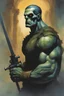 Placeholder: Frankenstein, The Punisher, extremely tall, 6'6" 250lbs, thick, muscular, crew-cut blonde hair, blue eyes - multicolored watercolor stained wall in the background, in the art style of Boris Vallejo, Frank Frazetta, Julie bell, Caravaggio, Rembrandt, Michelangelo, Picasso, Gilbert Stuart, Gerald Brom, Thomas Kinkade, Neal Adams - professional quality studio 8x10 UHD Digital photograph by Scott Kendall - paint splattered wall in the background, multicolored overhead spotlight, Photorealistic, rea