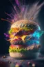 Placeholder: a single coloured burger exploding into dust, extremely detailed dust particle details, natural colours, meticulously intricate perfectly symmetrical extremely detailed, pixiv daily ranking, pixiv, extreme depth of field, artstation, sculpture style, spectacular details, volumetric lighting, masterpiece, cinematic, Hollywood production, 8k resolution, high definition, max octane render, vivid colors, max resolution, unreal engine , max perfectionism, realistic composition, professional photograp