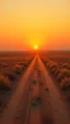 Placeholder: very dusty dirt path with sunset in the prairies, low horizon line, old western, painting based on grainy photo, orange brown tones