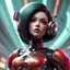Placeholder: a retro-futuristic feminine android, space age, dystopia, stylised, digital art, 3d render