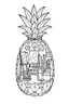 Placeholder: Pineapple Cozy Art Studio Coloring Page: A pineapple cross-section displaying an art studio. Features an easel, paint palettes, brushes, and artworks hung on the walls.