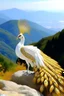 Placeholder: white peacock with white and gold feathers, with wings and tail and feathers open, standing on shiny gold mountain