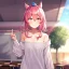 Placeholder: Clear focus, High resolution, a anime adult, cute, cartoony style, smiling, hair between eyes, holding a pencil, small forhead, female, medium length hair, long locks, lots of bangs, teacher, wearing a off shoulder shirt, no spaghetti straps, peach hair colour, kitsune ears down