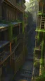 Placeholder: maze, Narrow steep staircase, Old Building, Floating buildings, Urban, City rain, art by miyazaki and Ian McQue and Akihiko Yoshida and Katsuya Terada, colorful, trending on artstation, gorgeous, ultra-detailed, realistic, 8k, octane render, hyper detailed, cinematic
