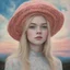 Placeholder: Surreal painting of elle fanning, crochet hat, , the sky in the background