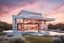 Placeholder: luxury house seamlessly integrated into cloud with pastel hues during sunset, modernist architecture, casting warm sunlight on the structure, emphasizing its sleek design and blending with the natural surroundings, Architectural photography, real photography, photo real