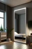 Placeholder: Bedroom with Vertically rectangular standing mirror with white led lights around it. Background should be a bed