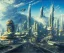 Placeholder: Spaceship starting from a Spaceport on a heavy industrialized planet with a vibrant city in the background, art by John Berkey, buildings with glass facades, insanely detailed, vibrant, 8k uhd, cinematic atmosphere, ultra-wide angle, street level view, brush strokes, blue sky with clouds, sharp focus