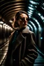 Placeholder: Woman in a dress and jacket, and sunglasses, looking slightly upward, under a bright vault fashion photography, real photography, 16K, background shot in tokyo at night, shot on leica, fashion portrait, by kith