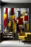 Placeholder: Craft a hand-painted wall mural portraying an abstract cityscape using rectangles, fusing urban geometry with bold, vibrant colors. Steel grey, crimson red, mustard yellow, charcoal black.