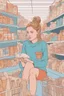 Placeholder: In the music video, a 23-year-old woman with brown/blonde hair and bright blue eyes. she has a messy bun. Standing in the freezer section of a supermarket. She is sitting in a cosy sofa with a small table next to her and a lamp. Reading a book. you can see it is cold. Wes anderson style. People are shopping near her. The freezers are behind her. There is only one book. You can see the shoppers next to her. The colors are green and orange. It is a happy vibe. she stands in between the products.