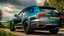 Placeholder: A sleek rear view of (((a cross of bmw and bentley bentayga))), on street, with hill and trees around, a beautiful clouds and sunny weather, 4K, Superdetailed, No mistakes