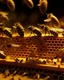 Placeholder: bees flutter over the hive, behind there is a honey yellow background and honeycombs