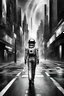 Placeholder: picture from a grayscale cityscape. In the middle a human walking in irridescent space suit on the street, a color step transition 3d figure , high contrast between her and the black and white space, enhancing the contrast between her and city, ultra quality, high digital illustration, cinematic, sci-fi, surreal, dystopian atmosphere, stunning