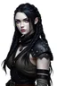 Placeholder: Female fallen aasimar ranger. White skin, purple eyes, black hair in box braids. Wearing black studded leather , all white background.