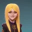 Placeholder: Portrait of a smiling 10 year old witch girl with blonde bangs like Wednesday