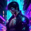Placeholder: Jin kazama of a cyberpunk-inspired metropolis, featuring neon lights, holographic advertisements, and a bustling, futuristic atmosphere. Incorporate elements such as augmented reality interfaces, advanced robotics, and cybernetic enhancements, susanoo