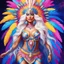 Placeholder: full body photorealistic portrait of a beautiful smiling amazonian carnival goddess with long parma white hair, colorful feathers tight hips with a tron like body suit in a cosmic surounding only blue , pink and yellow