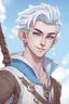 Placeholder: create a male air genasi bard from dungeons and dragons, blue tattoos, pointed ears, slight smile, white short hair, undercut, light blue eyes, wind like hair, sky blue jacket, digital art, high resolution, strong lighting