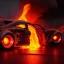 Placeholder: volumetric sweeping view of detailed phong shaded rendering of a car made of only molten lava, headlights, bumpers, whole car is lava