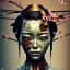 Placeholder: an abstract painting of rusted metal and japanese cherry blossoms, Geisha portrait, rust, scaffolding, iron cladding, decay, mixed media, textured, anatomically correct, beautiful perfect face, sharp focus, highly detailed 8k