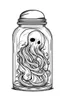 Placeholder: spooky ghost stuck in the jar idea, line art, background, vector, svg, black outline on white background, leave plenty of white space beetween lines for coloring, tattoo style, tattoo idea,full body, minimalist