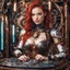 Placeholder: Front view half body gorgeous Realistic Photography beautiful super model Russian as playing Dj player with body full mechanical steampunk cyborg realistic beautiful woman hyper detailed, red hair