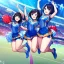 Placeholder: Clear focus,High resolution, Black short fluffy hair, and blue eyes, wearing a cheerleader outfit, smiling, jumping, hands in air, short skirt