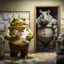 Placeholder: in front the camera be seen up to the waist a fat yellow-green color angry anthropomorphic frog in simple human cloths and take his hands many paper in office, on the wall hang an wall board with some written sheets of paper, behind in background an big strong anthropomorphic gray rhinoceros standing in blue jeans , t-shirt behind in halb open door , dark colors, detailed 3d, sci-fi, fantasy mood