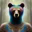 Placeholder: portrait of bear peacock as cute woman, fine pencil, spray paint, chalk, blurred forest background, mist, sunrays