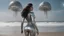 Placeholder: Wide-angle shot of a woman, standing to one side on a beach with huge waves, with dark hair in a silver robotic catsuit, many large moon jellyfish shaped like mushrooms with tentacles floating high up in the air, masterpiece, best quality, super detailed