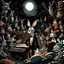 Placeholder: dark colours bugs bunny being a composer piano violin and is surrounded by swarm pig pig swinewasp swine pigpen pigsty on an diffrent planet cosmos lovecraft