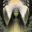 Placeholder: create a symmetric, abstract expressionist lithographic print of a ghostly tribal druid priestess, with highly detailed, delicate feminine facial features, inhabiting a foggy, ethereal Northern forest of ancient hemlocks, in the comic book style of Jean Giraud Moebius, David Hoskins, and Enki Bilal, precisely drawn, sharply defined, boldly inked, in the rich colors of the harvest moon