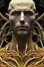 Placeholder: photo realistic youthful male Dryad , handsome, shaved head, bald, cheek bones, dark gold eyes, slim physique, octane render, raised detail, metalics, high resolution, insane details, luminous, shiny 3d intricate filigree bracelets, shiny 3d intricate filigree necklace, raised details, metalics, sparkling, branches, leaves, twigs, shadows, depth of field, 8k