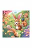 Placeholder: The friendly squirrel holds a blueberry excitingly in the air, the cute bunny and squirrel is laughing, child book illustration style, faces must be the same as reference image