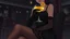 Placeholder: midle close up gray-toned, contrasting graphics, a lady in a black casual dress, black lace nice nylon stockings sitting on a bar chair in bar, holding a yellow mimosa cocktail in her long black gloved hand, atmospheric, strong contrasts, shadowy background, focus on the hand holding the cocktail, moody, pale ligts, anime style, cinematic