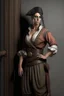 Placeholder: pirate woman with -cut dress leaning against the wall, realistic style, full figure frontal