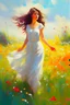 Placeholder: Fantasy illustration, Oil painting style, sunlit meadow with wildflowers flowing in the wind, extremely beautiful girl in a white summer dress standing there enjoying the warmth of the sun, hands playing with the flowers, diorama, playful atmosphere, detailed illustration, beautiful color palette, incredible details, in the style of Leonardo Da Vinci, oil painting, heavy strokes, paint dripping