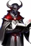 Placeholder: En Young male black skin tiefling fra dnd holding a book with Arcane Magic in a silver and White Rope and a silver cloak. His horn a perfectly place on acet from the front to the back pointing upwards with glowing Red cat Eyes. His close is elegant get simple. Holding an ice Crystal in his Right Hand