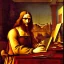 Placeholder: leonardo da vinci works in his study on a laptop at his desk. painting in photoshop. hyperdetailed, warm colors, movie poster, photoillustration, oil on canvas, lens flare