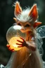 Placeholder: close up on glorious transparent transcendent cute hairy gremlin elf fairy fox holding ball wearing a night gown, built as bubble wrap art