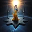Placeholder: A breathtaking cosmic fantasy scene featuring a stunningly realistic beautiful woman with a perfect face and sculpted figure standing gracefully at the center of a floating geometric platform in deep space. She wears an elegant flowing gown in vibrant gold and blue hues that billow around her perfect form. The platform is constructed from dark cobblestone-like blocks arranged in a star shape. Surrounding her are magnificent CIFI towers like structures,satelights