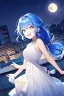 Placeholder: girl, masterpiece, best quality, cinematic lighting, detailed outfit, vibrant colors, perfect eyes, blue hair, long hair, white eyes, low tied hair, messy hair, white dress, night sky, rooftop, town, sparkle, laughing, moon,