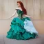 Placeholder: Art of a princess with long auburn hair in a big teal green and gold satin ballgown corset off shoulder top and long white gloves dancing